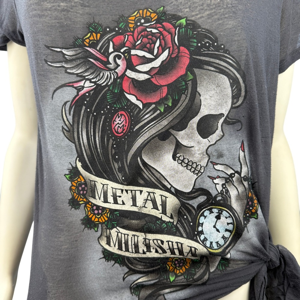 Metal Mulisha Skull Rose Graphic Tee Womens Sheer Tie Side Y2K Grunge Top L